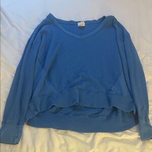 Aerie Blue V-Neck Waffle Knit Sweater
